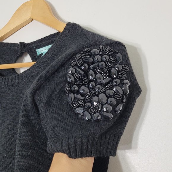 JJ Authentic Black Knit Mini Sweater Tunic Dress Shory Sleeve Sequins Keyhole L - Picture 2 of 10